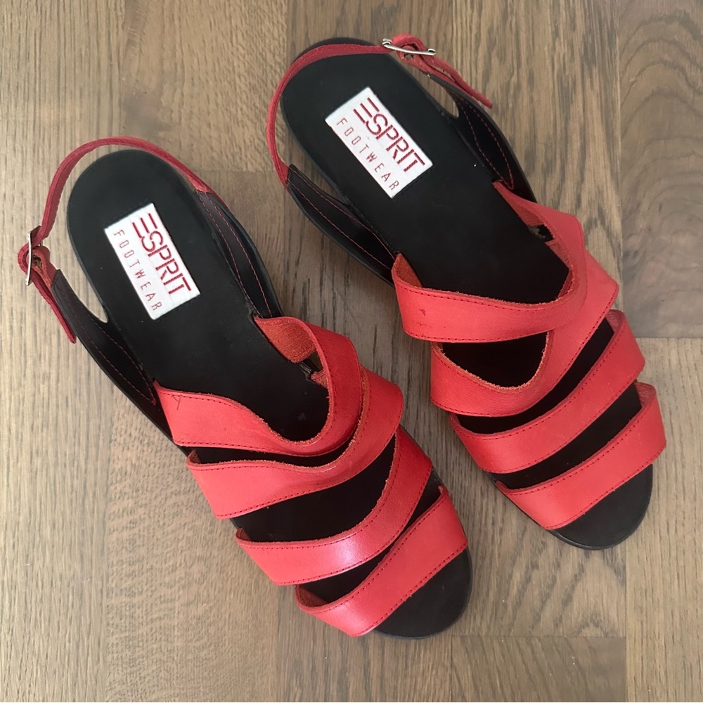 Brand New Esprit Vintage Strappy Leather Slingback Platform Sandal Red Black 10 - Picture 2 of 9